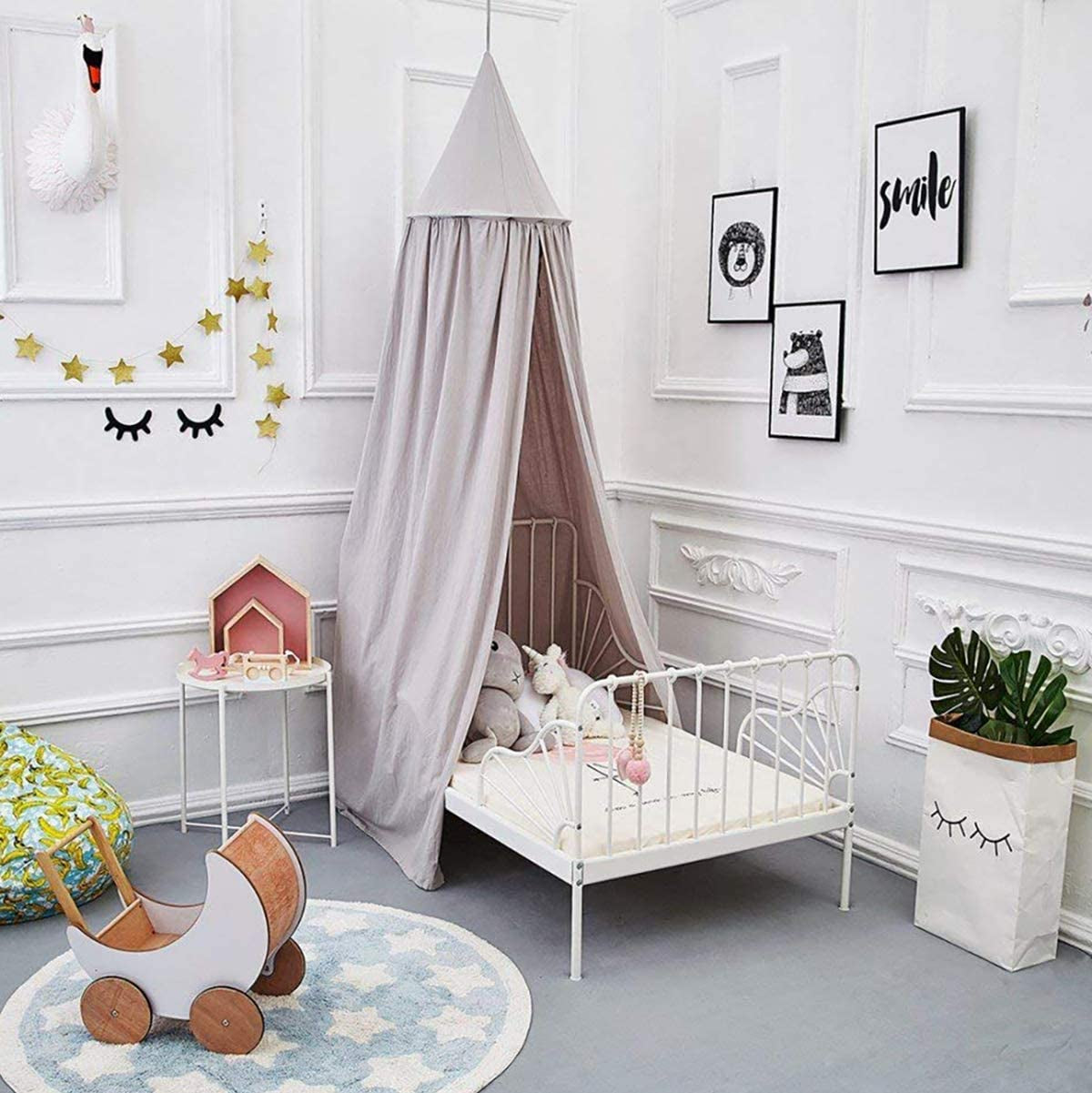 Dix-Rainbow Children Bed Canopy Grey round Dome, Nursery Room Decorations, Cotton Net Bed Canopies Kids Play Tent for Baby, Height 240Cm/94.5In