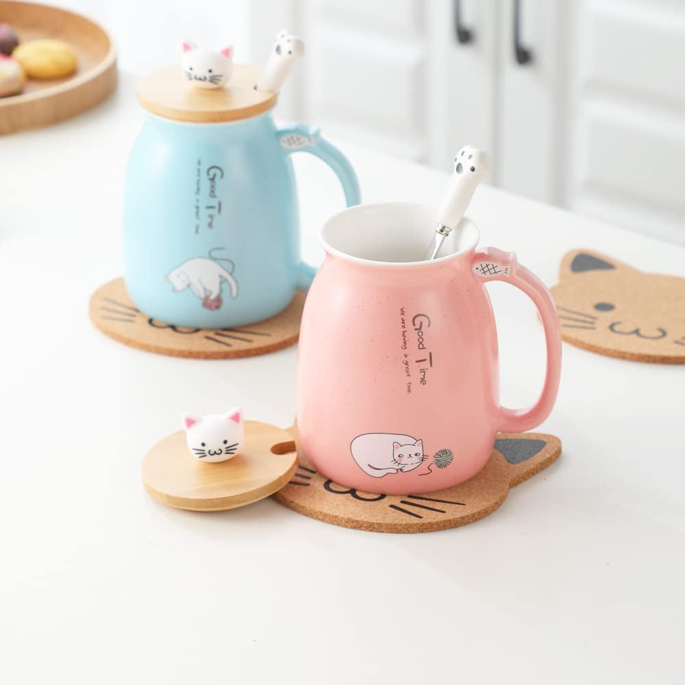 Cat Mug Cute Ceramic Coffee Cup with Lovely Kitty Lid Spoon,Morning Cup Tea Milk Christmas Mug 380ML