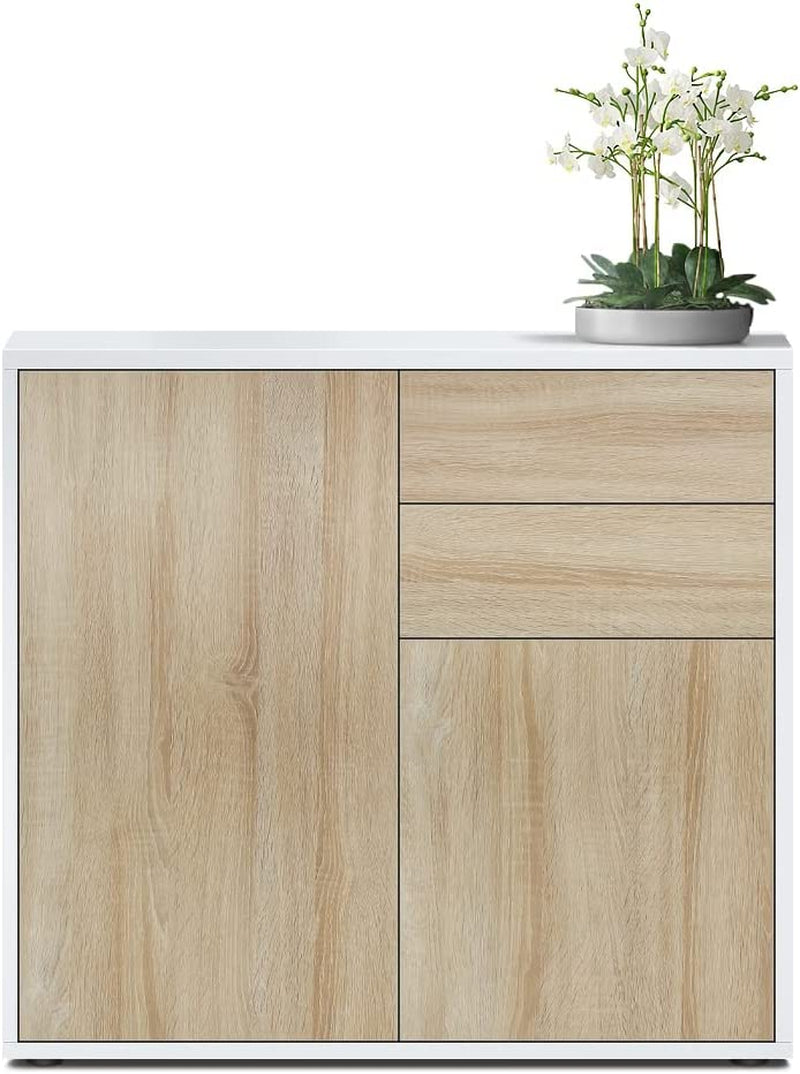 Ben Sideboard, Cabinet with 2 Doors and 2 Drawers, White Matt/Rough-Sawn Oak (79 X 74 X 36 Cm)
