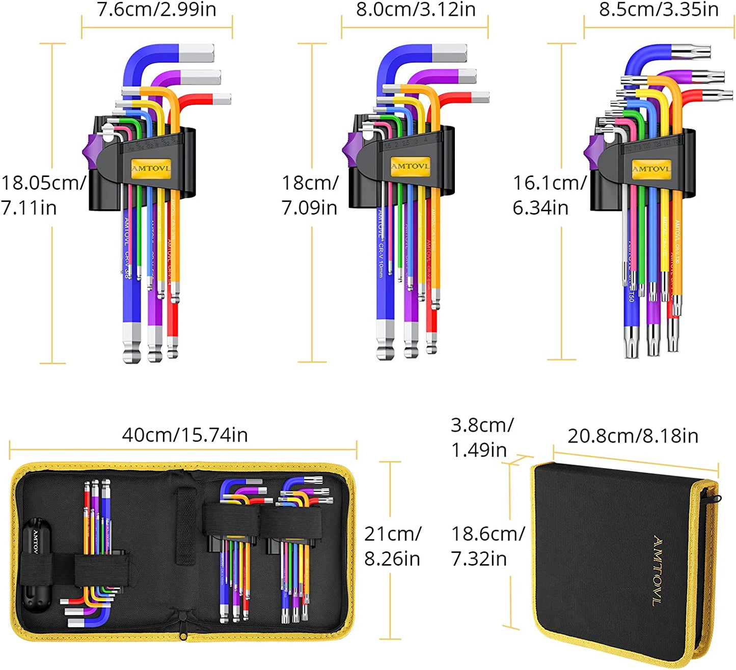 Hex Keys Set, 29PCS Allen Key Set & Star Key Set, Metric Imperial Extra Long Ball End Hex Key Set with Colour Coding with T-Handle 1.5Mm-10Mm, T10-T50, 1/16-3/8 for Bicycle Repair Household DIY