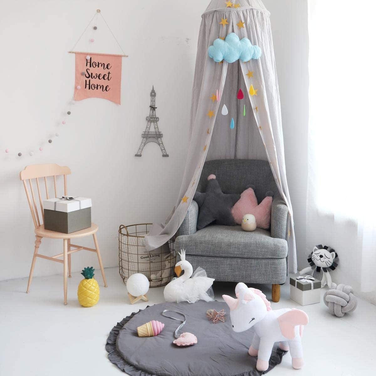 Dix-Rainbow Children Bed Canopy Grey round Dome, Nursery Room Decorations, Cotton Net Bed Canopies Kids Play Tent for Baby, Height 240Cm/94.5In
