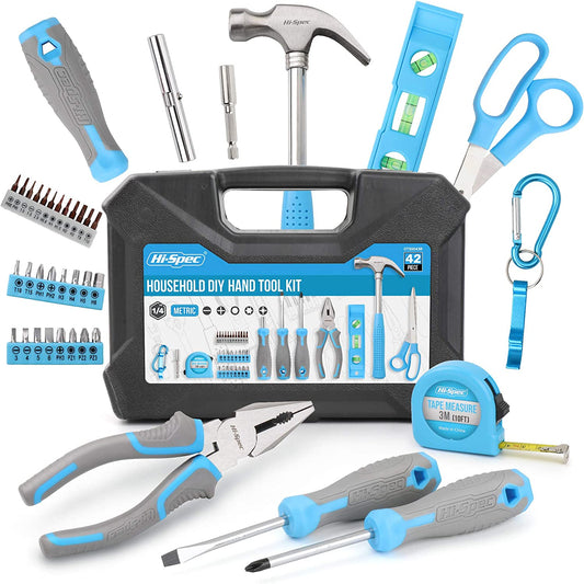 42Pc Blue Home & Office DIY Hand Tool Kit Set. Complete Basic Household Tools for Essential Repairs in a Box