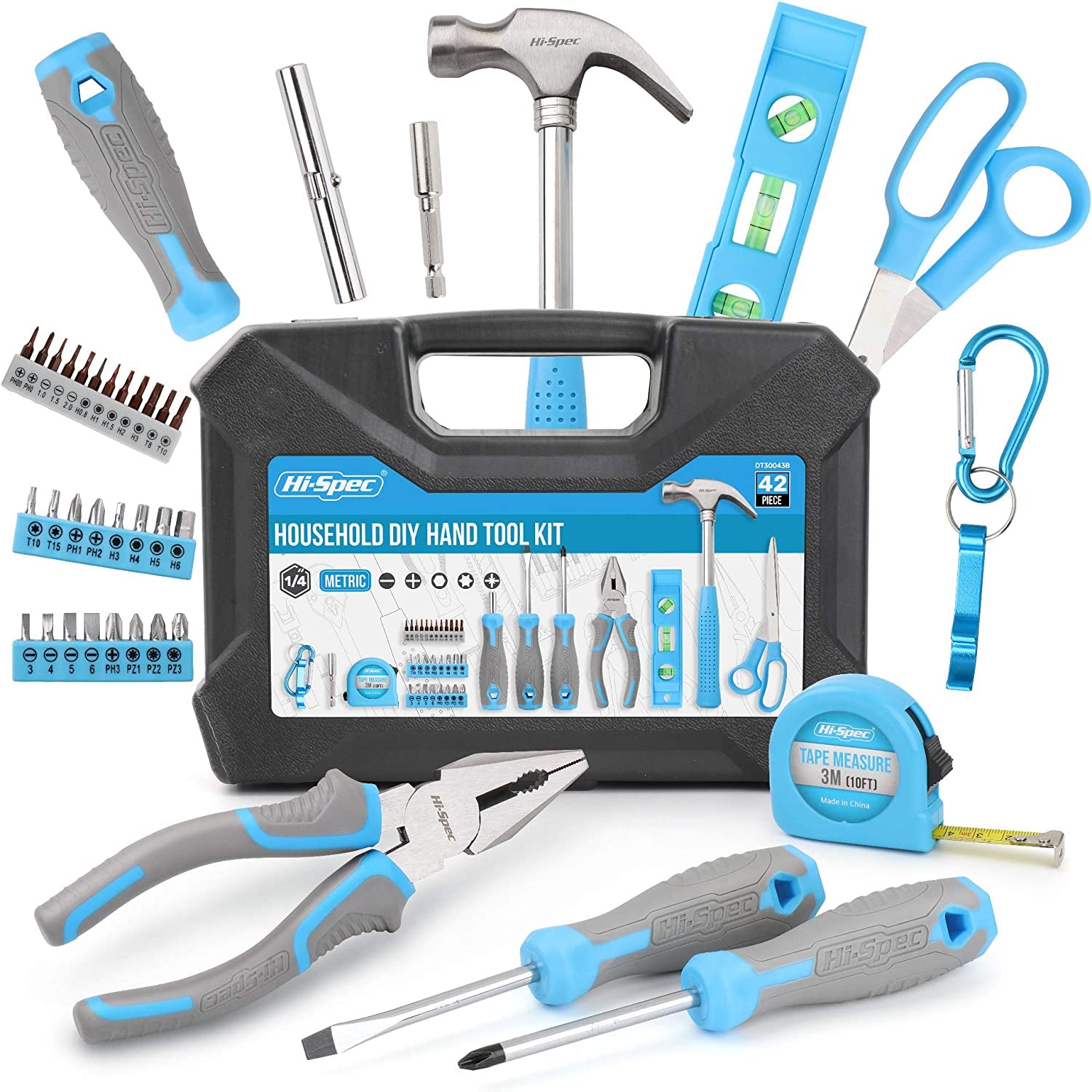 42Pc Blue Home & Office DIY Hand Tool Kit Set. Complete Basic Household Tools for Essential Repairs in a Box