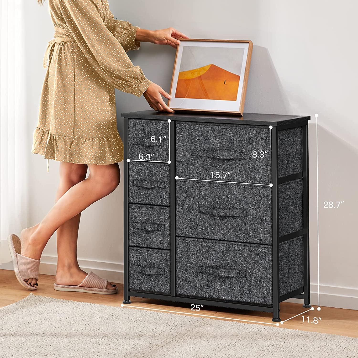 Chest of Drawers, Fabric Storage Drawers with Wood Top and Large Storage Space, Vertical Chest of 7 Drawers Easy to Install Room Organizer, Living Room, Nursery Room, Hallway, Black