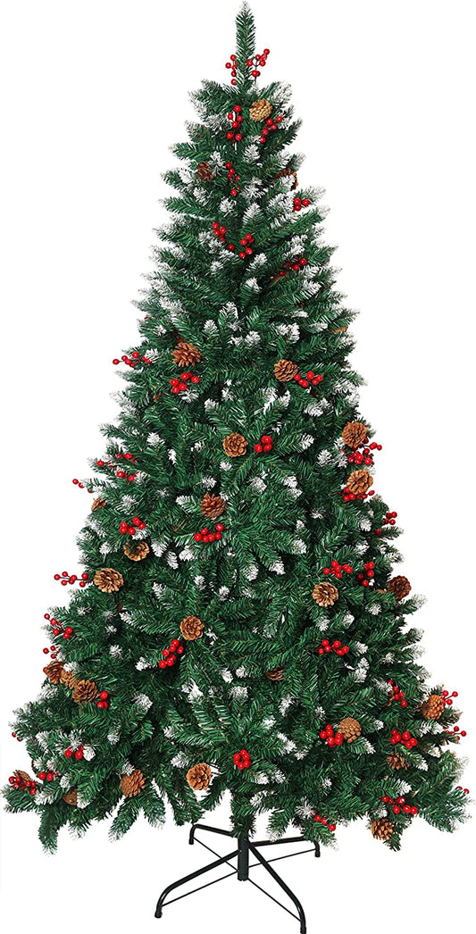 7FT/210CM Christmas Tree, Snow Flocked Artificial Christmas Tree with 1000 Tips and 60 Mixed Pine Needles, 60 Red Berries, for Xmas Indoor and Outdoor Decoration, Xmas Gift