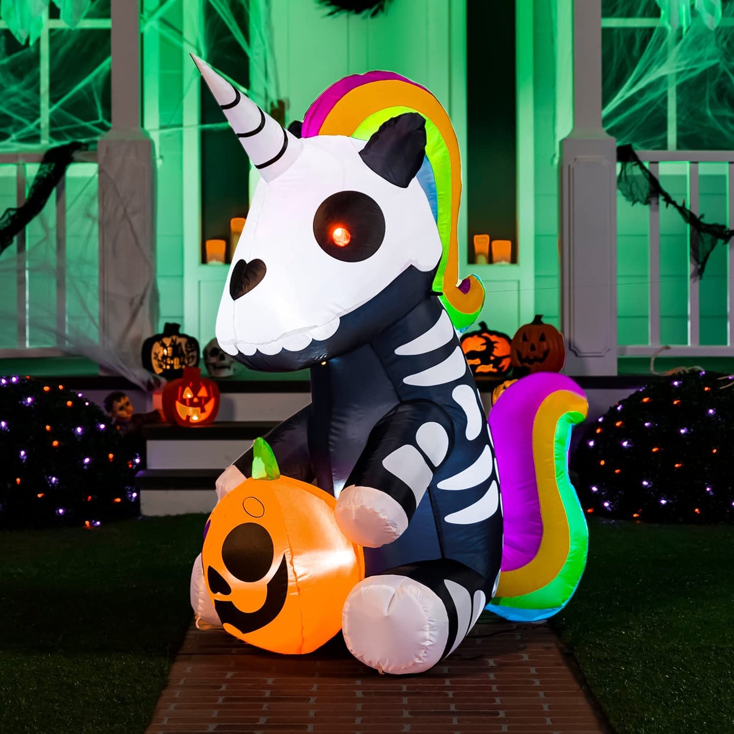 5 FT Tall Halloween Inflatable Sitting Skeleton Unicorn Inflatable Yard Decoration with Build-In Leds Blow up Inflatables for Halloween Party Indoor, Outdoor, Yard, Garden, Lawn Decorations