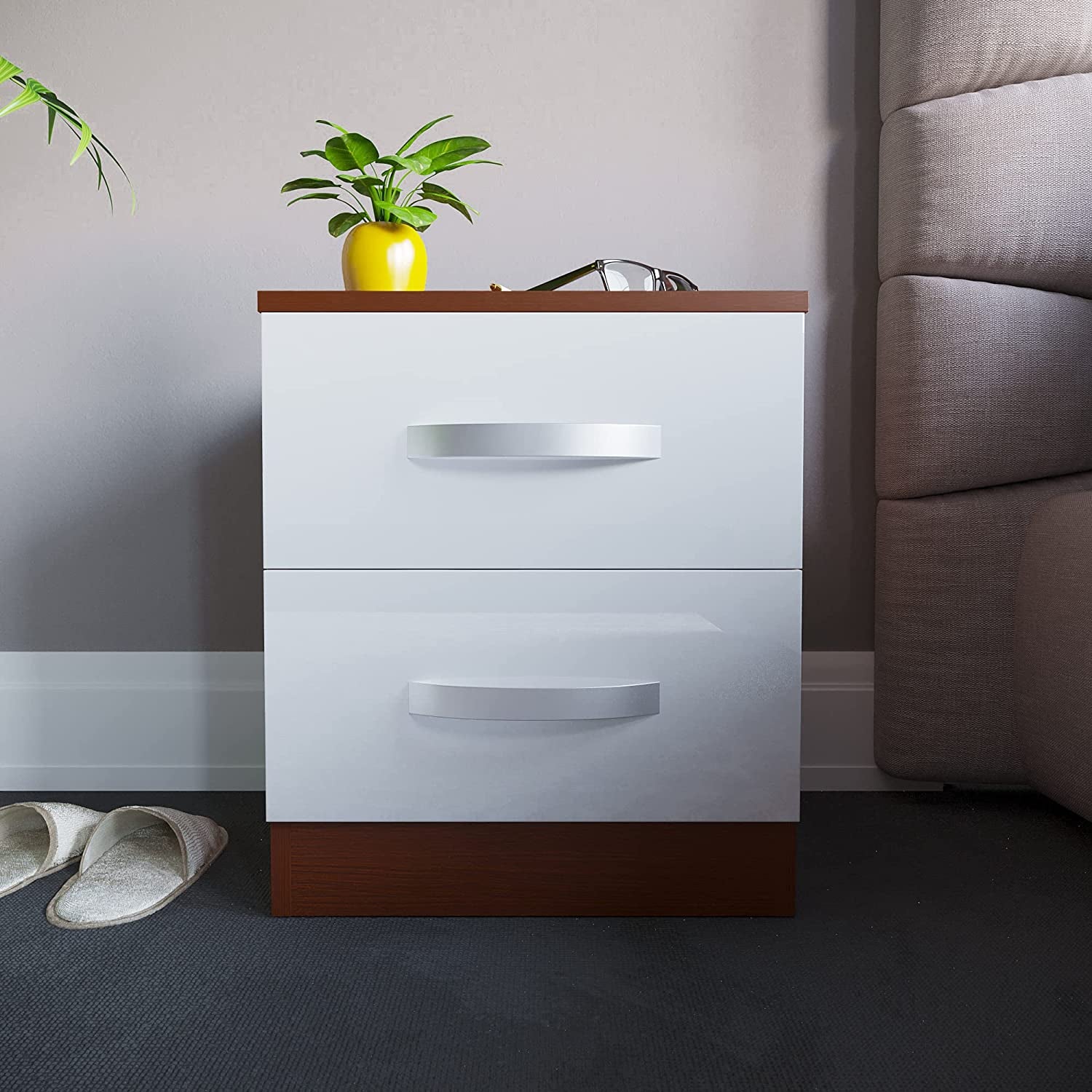 Amazon Brand - Movian High Gloss 2 Drawer Bedside Cabinet, White and Walnut, 47 X 40 X 36 Cm