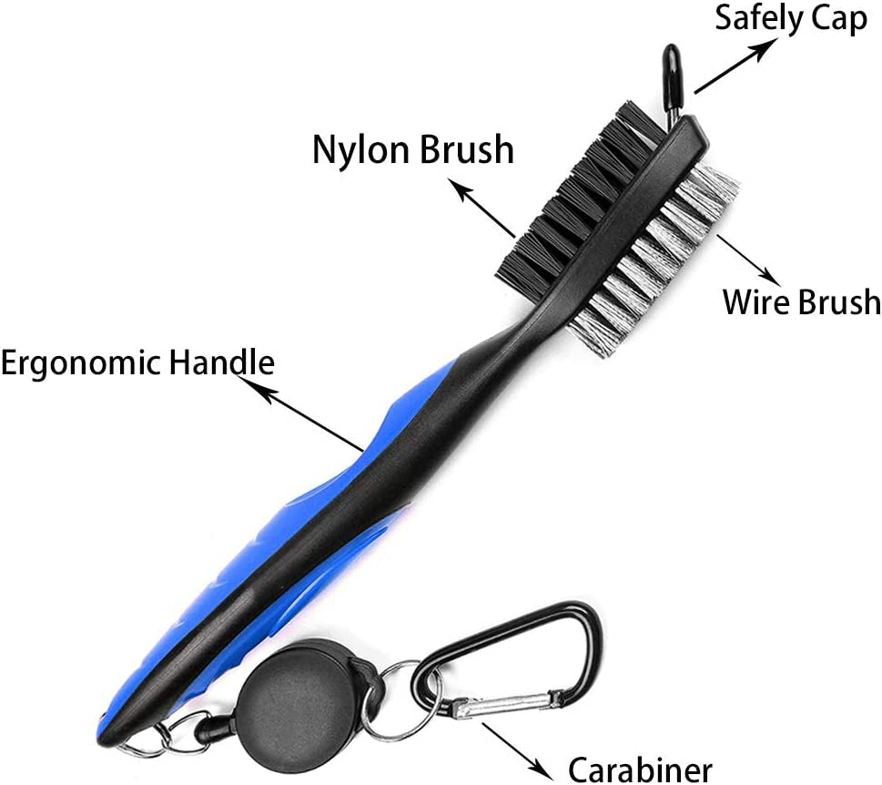 Golf Club Brush - Club Groove Cleaner Lightweight Brush with 2 Ft Retractable Zip-Line Aluminum Carabiner