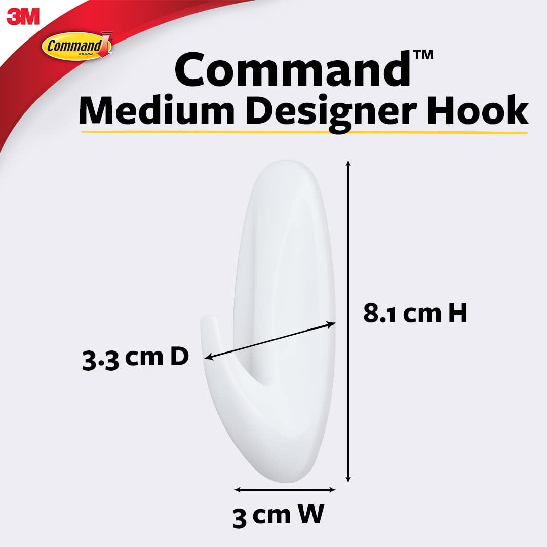 Medium Designer Hook, Pack of 2 Hooks and 4 Adhesive Strips, White - Damage Free Hanging - Holds up to 1.3Kg