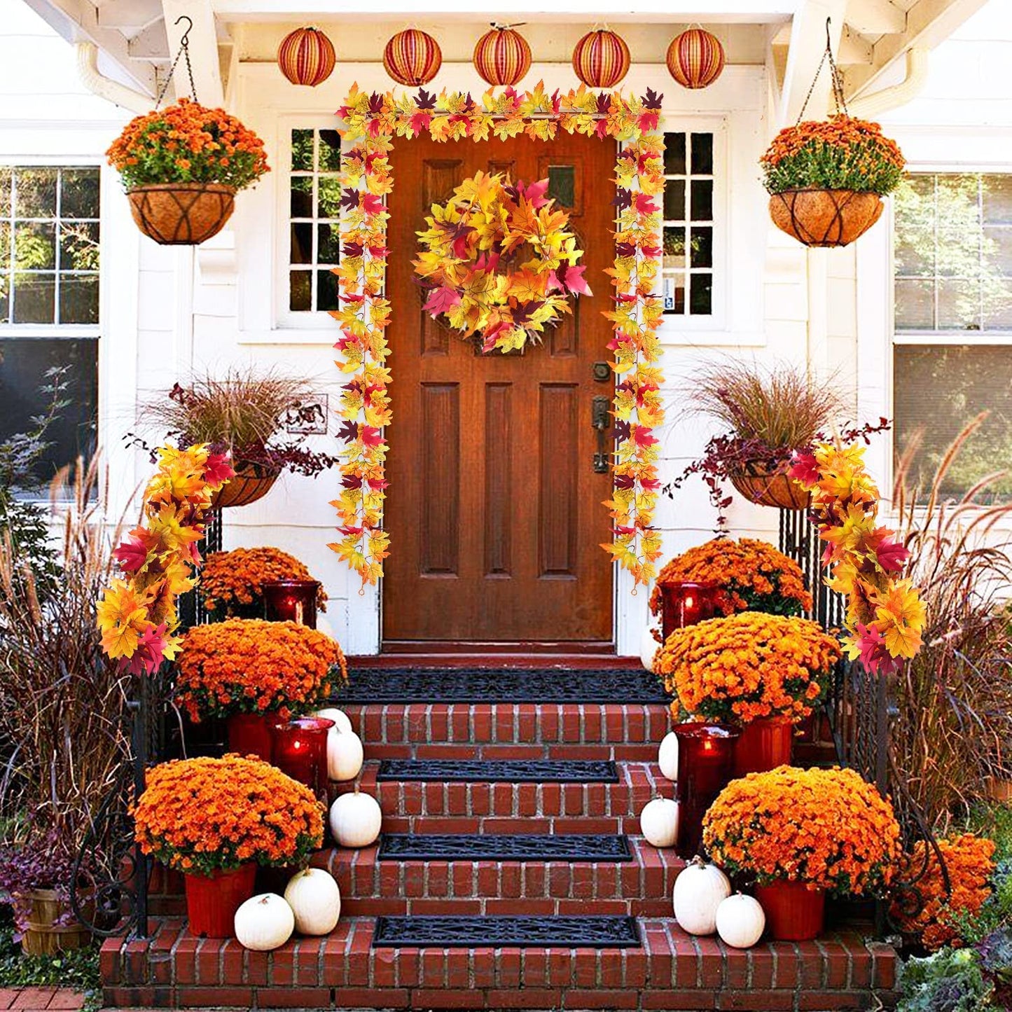 2 Pcs Fall Leaves Garland, 5.8Ft/Piece Artificial Hanging Autumn Maple Leaf Rattan Foliage Vines for Indoor Outdoor Harvest Thanksgiving Decoration