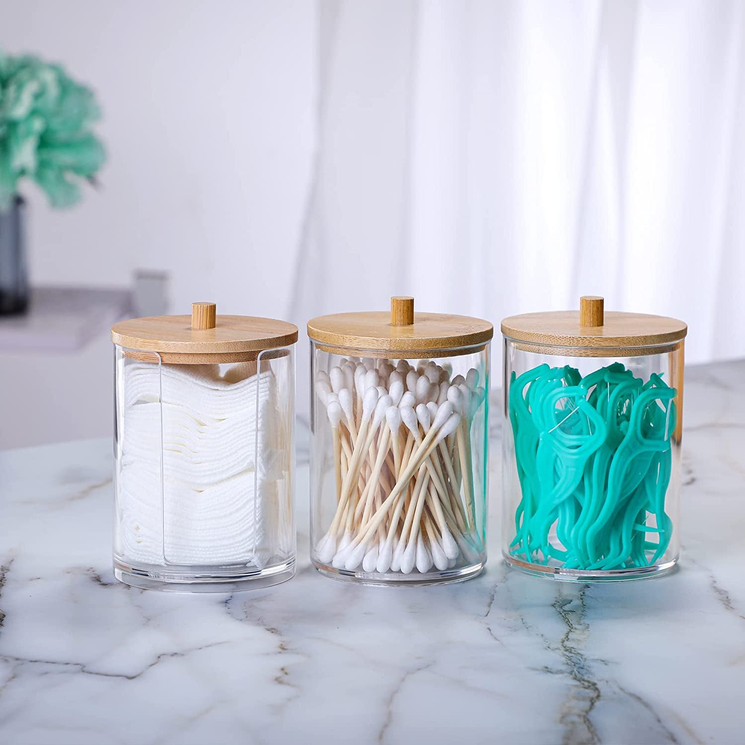 3PCS Cotton Pad Holder with Bamboo Lid for Bathroom Storage, Acrylic Cotton Swab Dispenser, Clear round Cotton Wool Bud Jar for Vanity, Small Qtip Container, Makeup Organiser Set