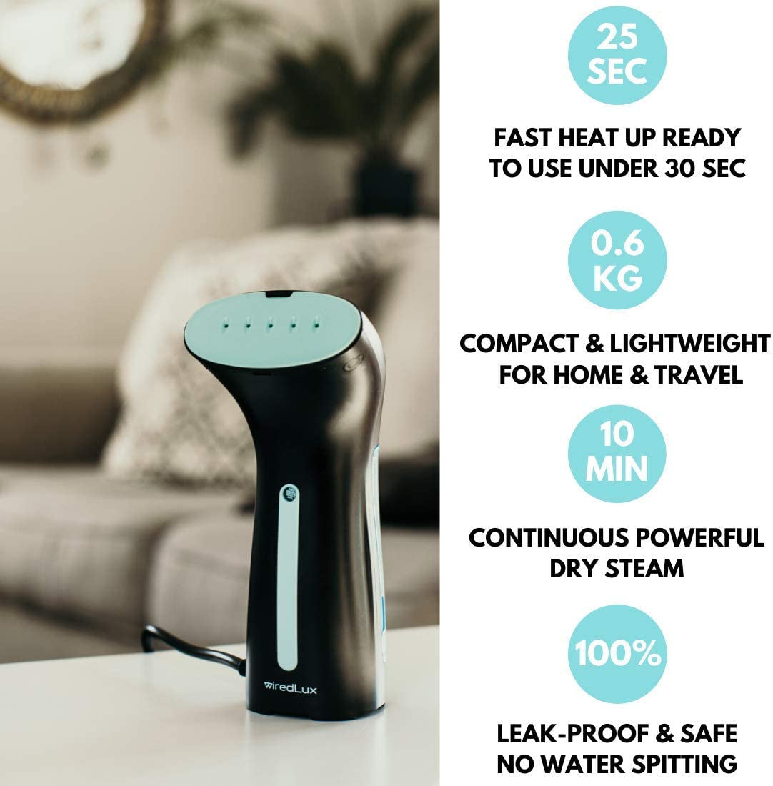 Clothes Steamer Handheld - Flat & Vertical Hand Held Garment Steamer, 25S Heat-Up & Powerful Steam, Compact & Portable Travel Iron for Clothes - Accessories Included (Black) [Energy Class A]