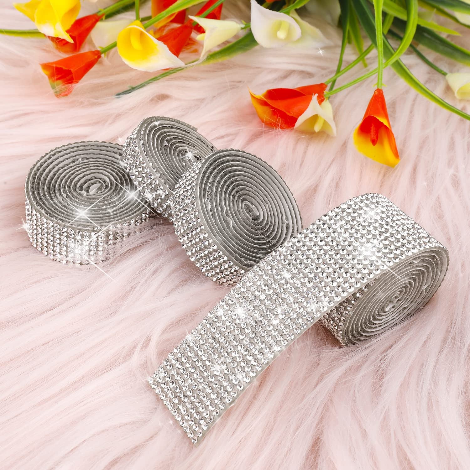 4 Rolls Silver Rhinestones Diamond Ribbon, 3.6Yard Strip Self-Adhesive Crystal Bling Home Accessories Photo Strip Stickers on Gems Glitter Wallpaper for Bedroom Clothes Party Phone DIY Crafts Decorate