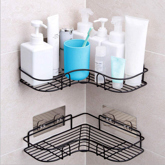 Corner Shower Caddy Bathroom Organiser Bathtub Storage Organizer Adhesive Shelf, Bath Accessories Shampoo Holder Basket Rack Shelves with Stickers for Kitchen Apartment Dorm Toilet (2Pack)