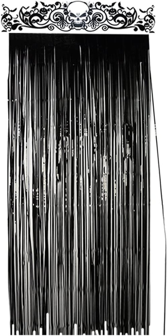 Halloween Door Curtain Black Shiny Foil Party Decorations Entrance Door Curtain for Halloween, 3.3 X 6.5 Feet