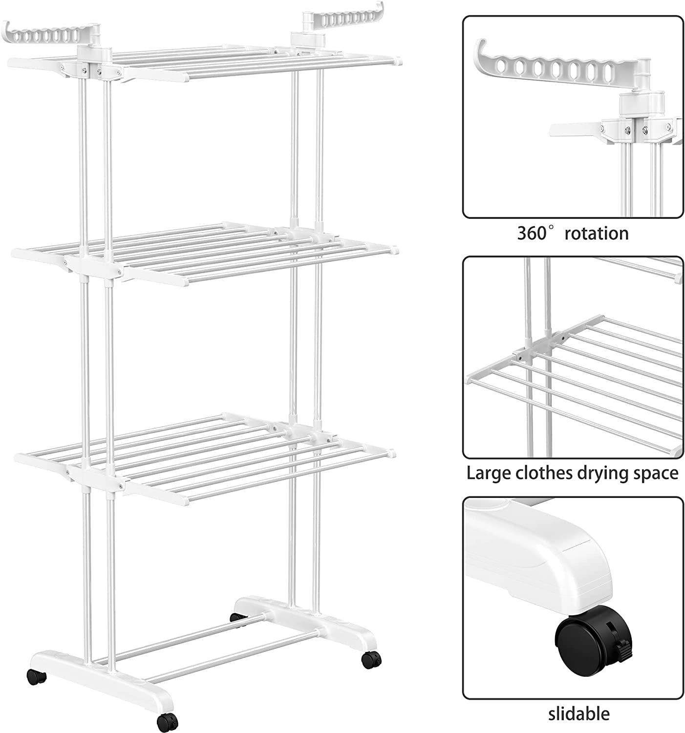 Airer Clothes Drying Rack ,4-Tier Foldable Clothes Hanger Adjustable Large Stainless Steel Garment Laundry Racks for Indoor Outdoor ,White