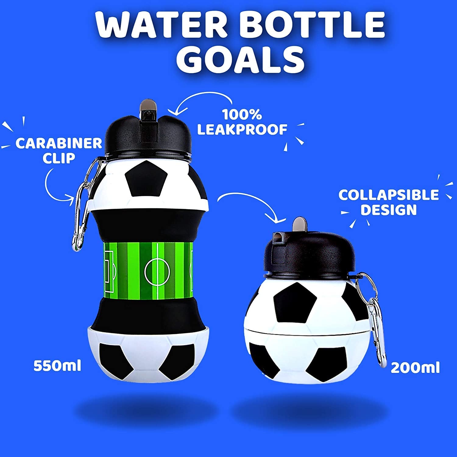 Football Water Bottle - Unique Football Gifts for Boys and Girls - Cool Kids Water Bottle, Collapsible, Leakproof - Boys Water Bottle - BPA Free - 550 Ml