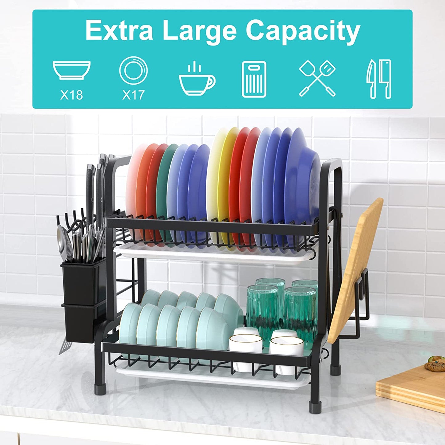 2 Tier Black Dish Drainer Rack, Stainless Steel Dish Drying Rack Kitchen, Dish Drainers Draining Board with Drip Tray, Rust Proof Large Dish Rack Washing up Sink Drainer Rack