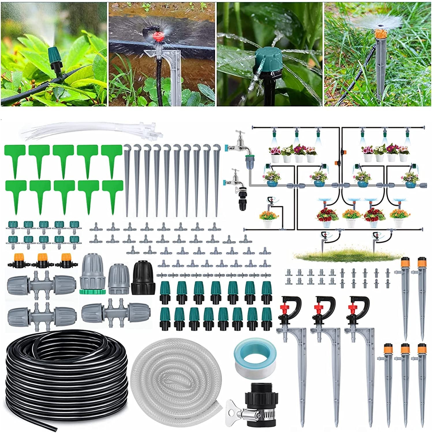 40+2M/132+6.6Ft Irrigation Hose, 154Pcs Garden Irrigation System Micro Drip Irrigation Kit with 4-Types Nozzles & 4X6-Way Connector & 1/4" Tubing Valve, Auto Plant Watering Kit Misting Cooling System