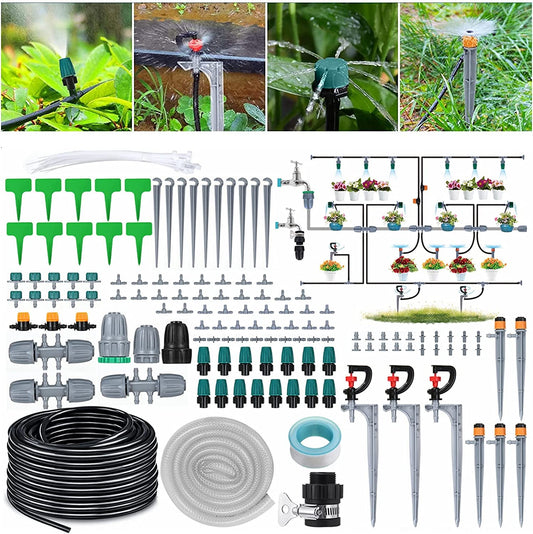 40+2M/132+6.6Ft Irrigation Hose, 154Pcs Garden Irrigation System Micro Drip Irrigation Kit with 4-Types Nozzles & 4X6-Way Connector & 1/4" Tubing Valve, Auto Plant Watering Kit Misting Cooling System