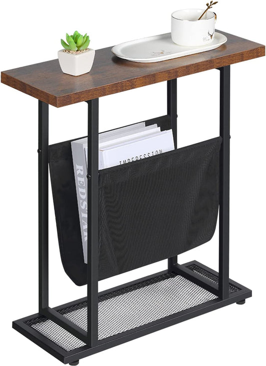 Vintage Narrow End Table with Fabric Magazine Holder Sling,21.7 Inch Nightstand Modern Industrial Side Table Sofa End Table for Small Spaces Wood & Metal H Shape with Book Storage Holder