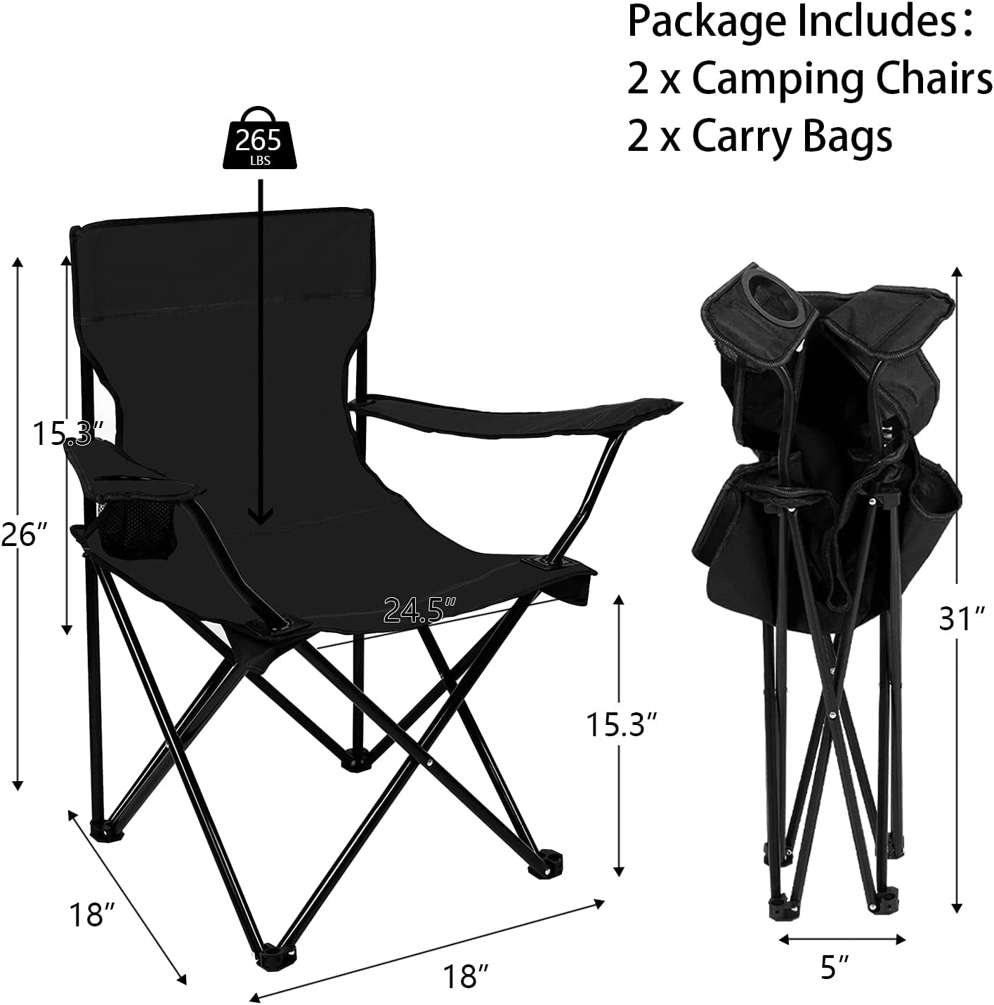 2Packs Lawn Chairs Portable Chair with Strap Bag Beach Chairs Folding Lightweight Sturdy Camping Chairs Beach Chairs with Beverage Holder Black