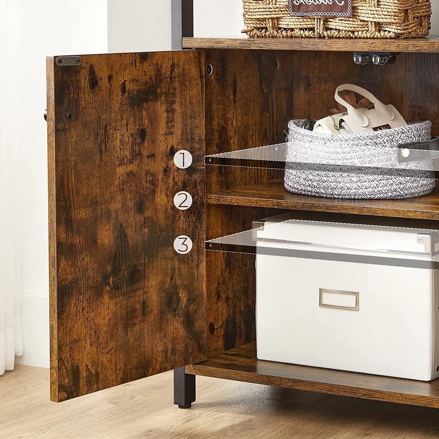 Storage Cabinet, Sideboard, Floor Standing Cabinet with Cupboard and Open Shelves, Steel Frame, for Dining Room Kitchen Living Room Entrance Bedroom, Rustic Brown and Black LSC602B01