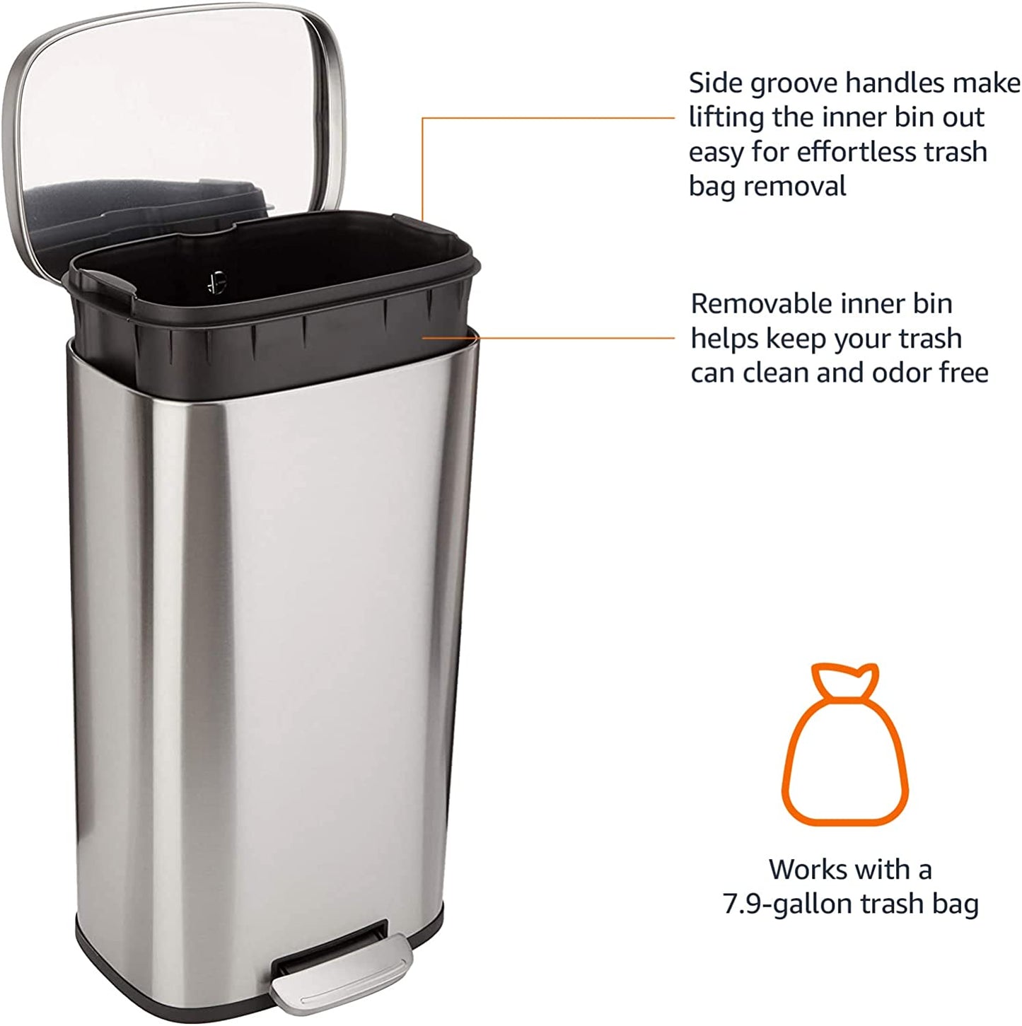 30L Kitchen Bin with Steel Bar Pedal, Soft-Closing Mechanism for Home and Office Use - Rectangular, Black