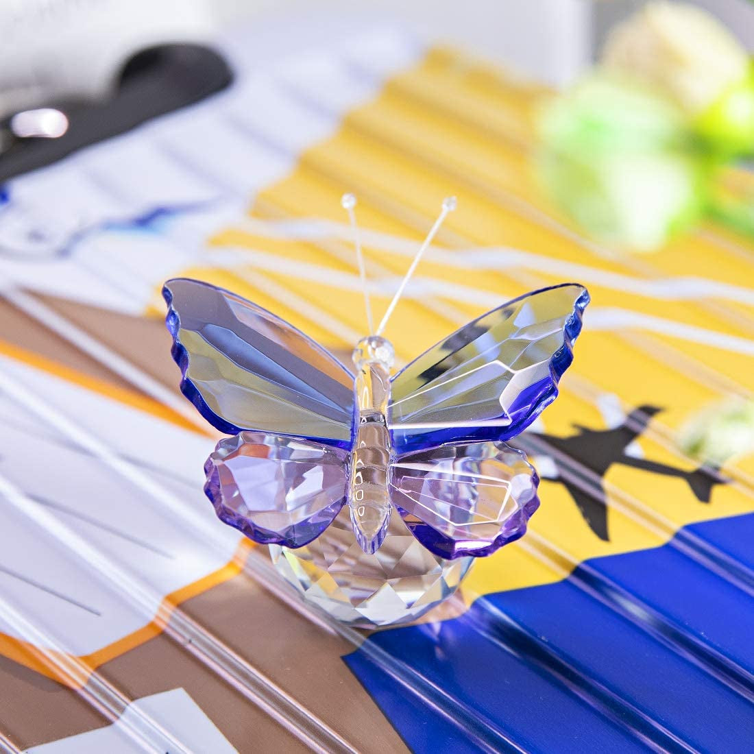 Blue and Purple Glass Butterfly with Ball Base, Decorative Paperweight Ornament Crystal Figurine for Living Room,Souvenir Birthday Gifts Home Decor