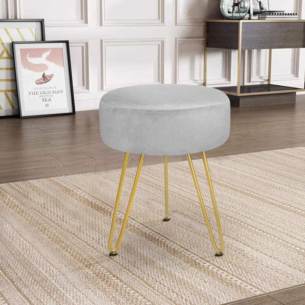 Footstool Velvet round Footrest Ottoman Modern Dressing Table Stool, Shoe Bench for Living Room Bedroom with 3 Golden Metal Leg(Grey1)