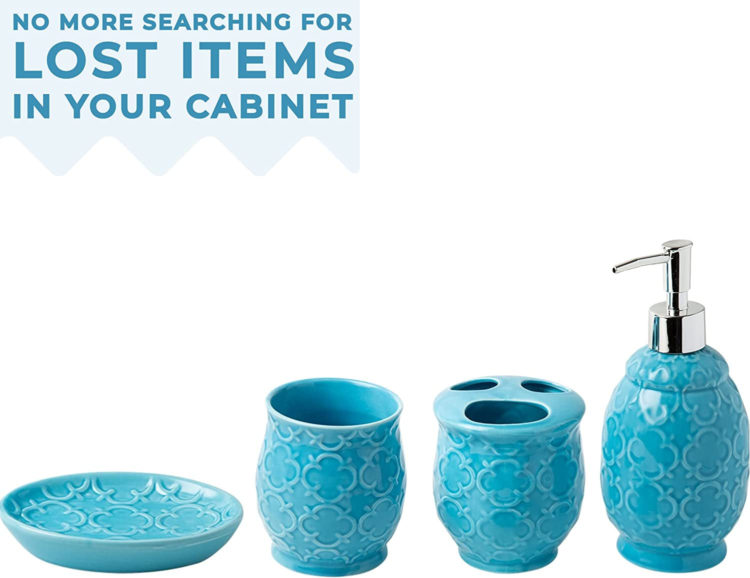 Bathroom Designer 4-Piece Ceramic Bath Accessory Set - Includes Liquid Soap or Lotion Dispenser W/Toothbrush Holder, Tumbler, Soap Dish - Moroccan Trellis - Bath Accessories Set - Holds 461Ml