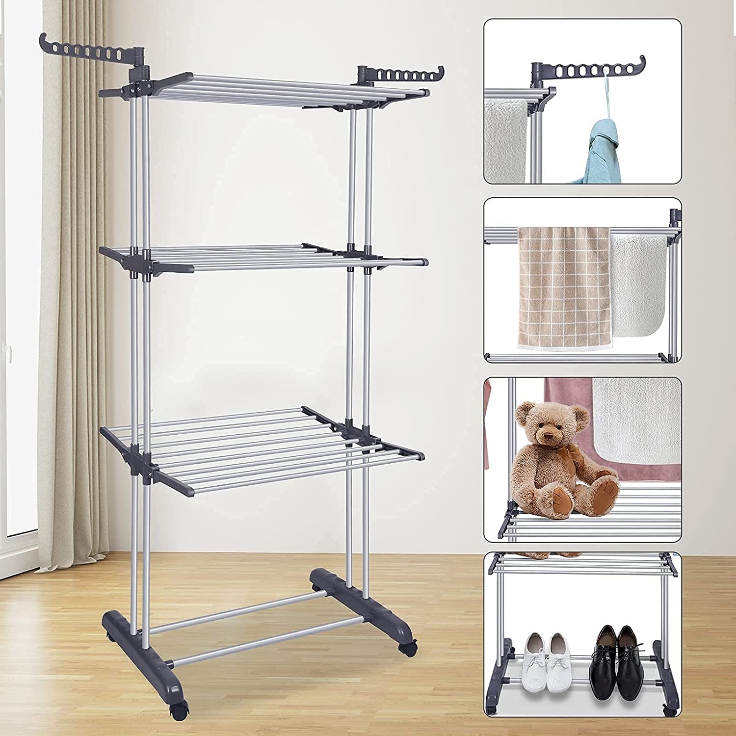 Clothes Drying Rack 4-Tier Foldable Standing Garment Dryer Collapsible Movable Laundry Airer with 4-Wheels for Home Storage Indoor (Grey)