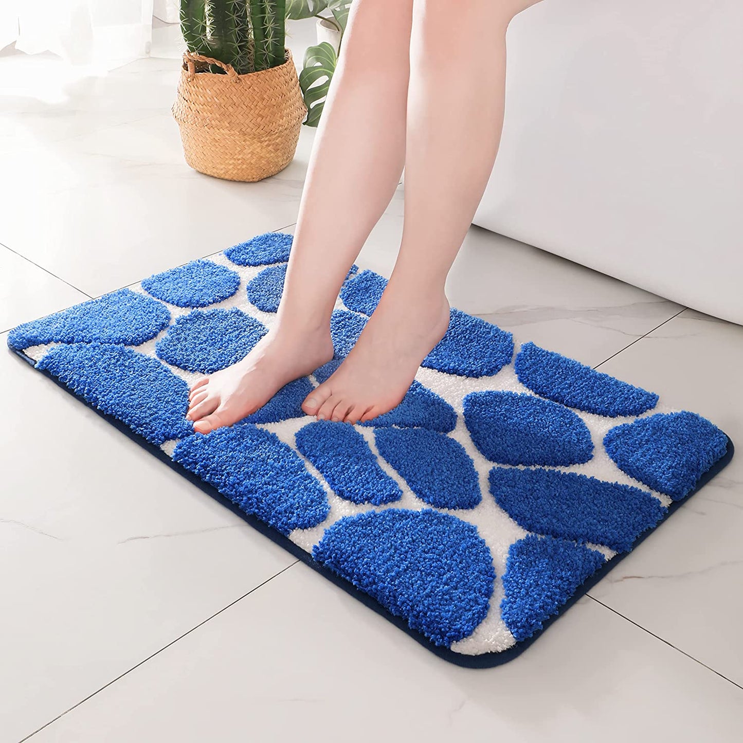 Microfibre Bath Mat 50×80 CM, Ultra Soft Bathroom Mat, Cobblestone Bath Mats for Bathroom, Living Room and Bedroom, Royal Blue & White