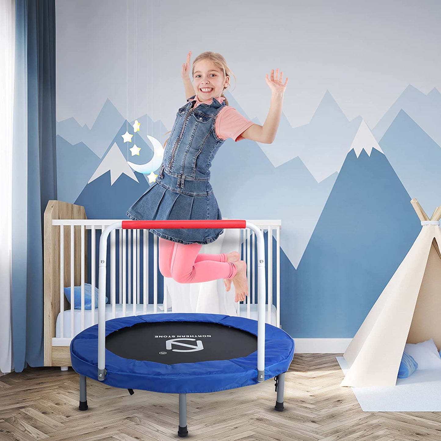 SILVER VALLEY 36" Kids Folding Mini Fitness Trampoline, Safety Padded Cover and Foldable Rebounder Jumper with Handle