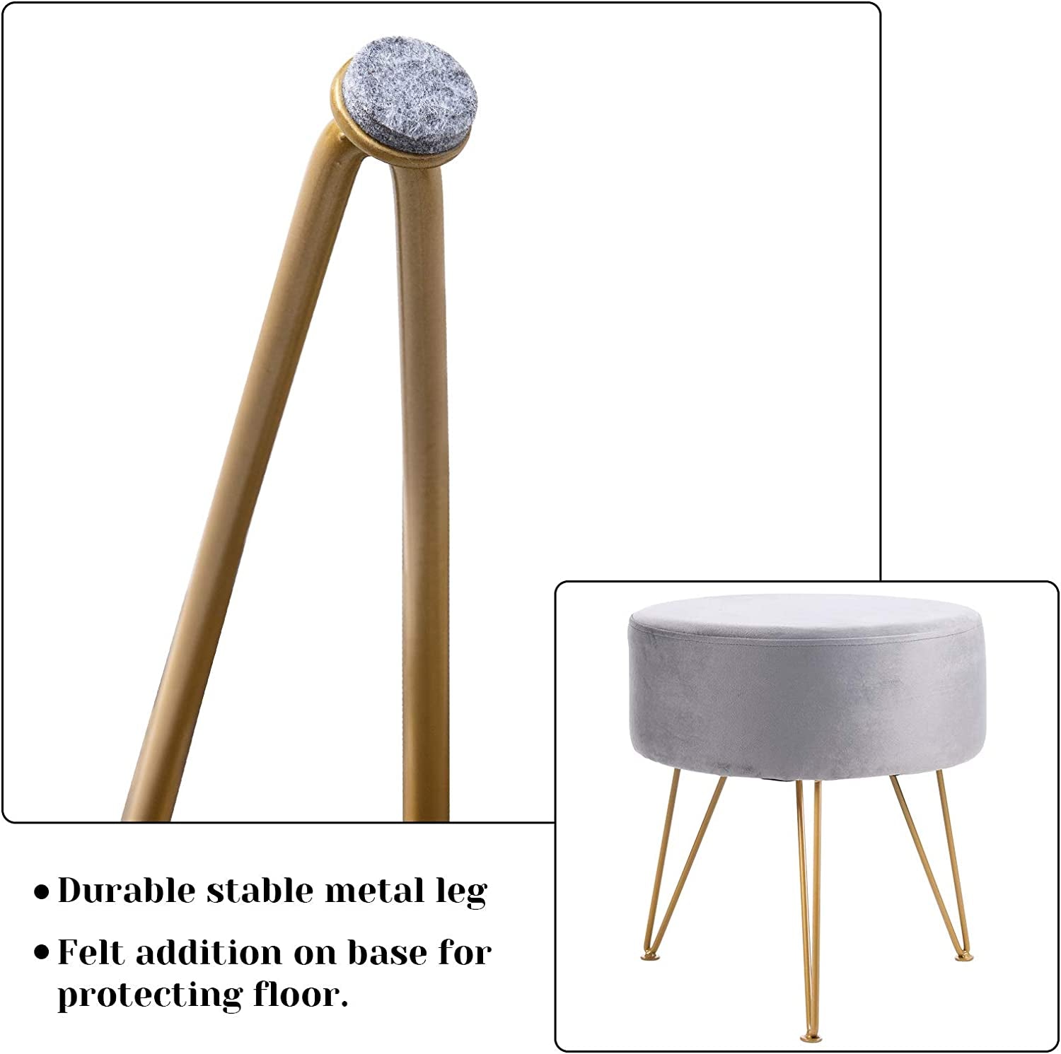 Footstool Velvet round Ottoman Pouffe Stool Dressing Table Stool Metal Legs Removable Cover, for Home Living Room Fitting Room Bedroom Office, Makeup RF-010