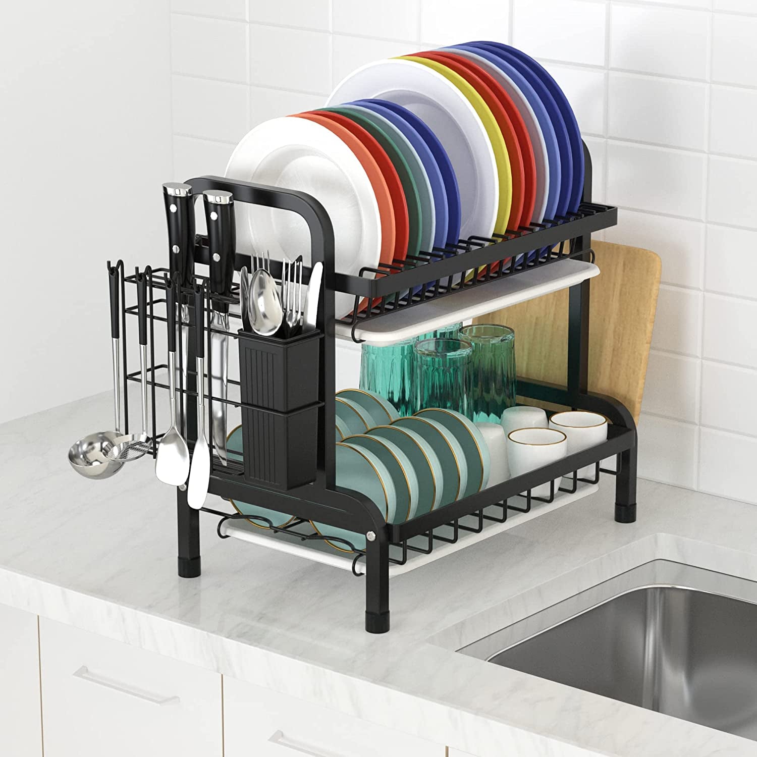 2 Tier Black Dish Drainer Rack, Stainless Steel Dish Drying Rack Kitchen, Dish Drainers Draining Board with Drip Tray, Rust Proof Large Dish Rack Washing up Sink Drainer Rack