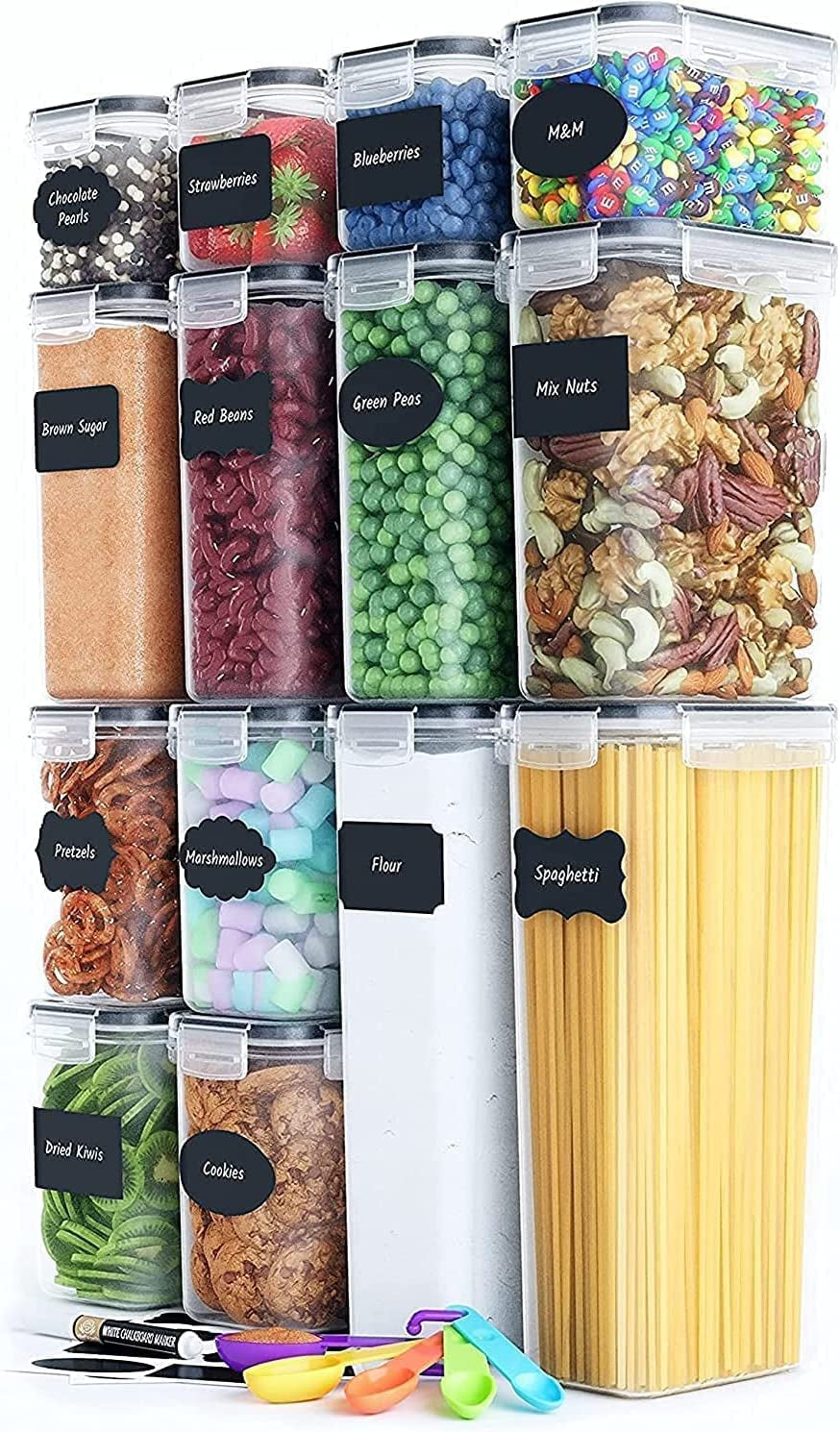 Airtight Food Storage Containers Set [14 Pack] for Cereal, Flour, Sugar, Kitchen Storage & Organisation - BPA Free Plastic Containers with Durable Lids, Reusable Labels, Marker & Spoon Set