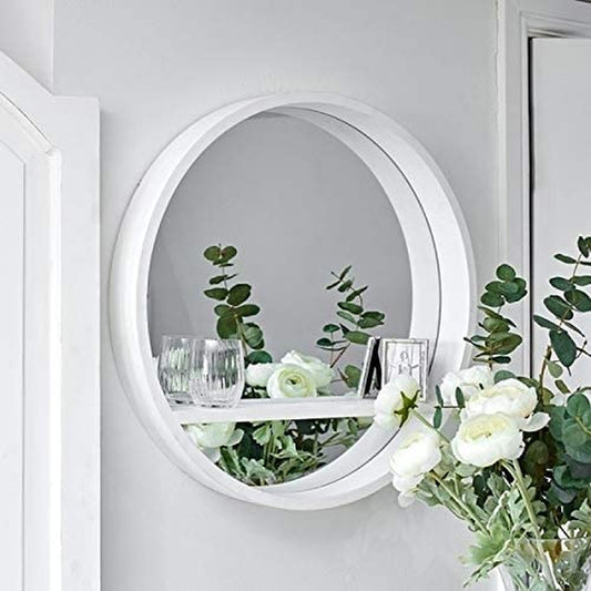 ® Retro White Wooden Shelf Floating Wall Mirror Display Unit round Porthole Mirrored Wall Wooden Shelf Indoor Living Large Frame Rack Shelving Mirrors Bathroom Bedroom Hallway