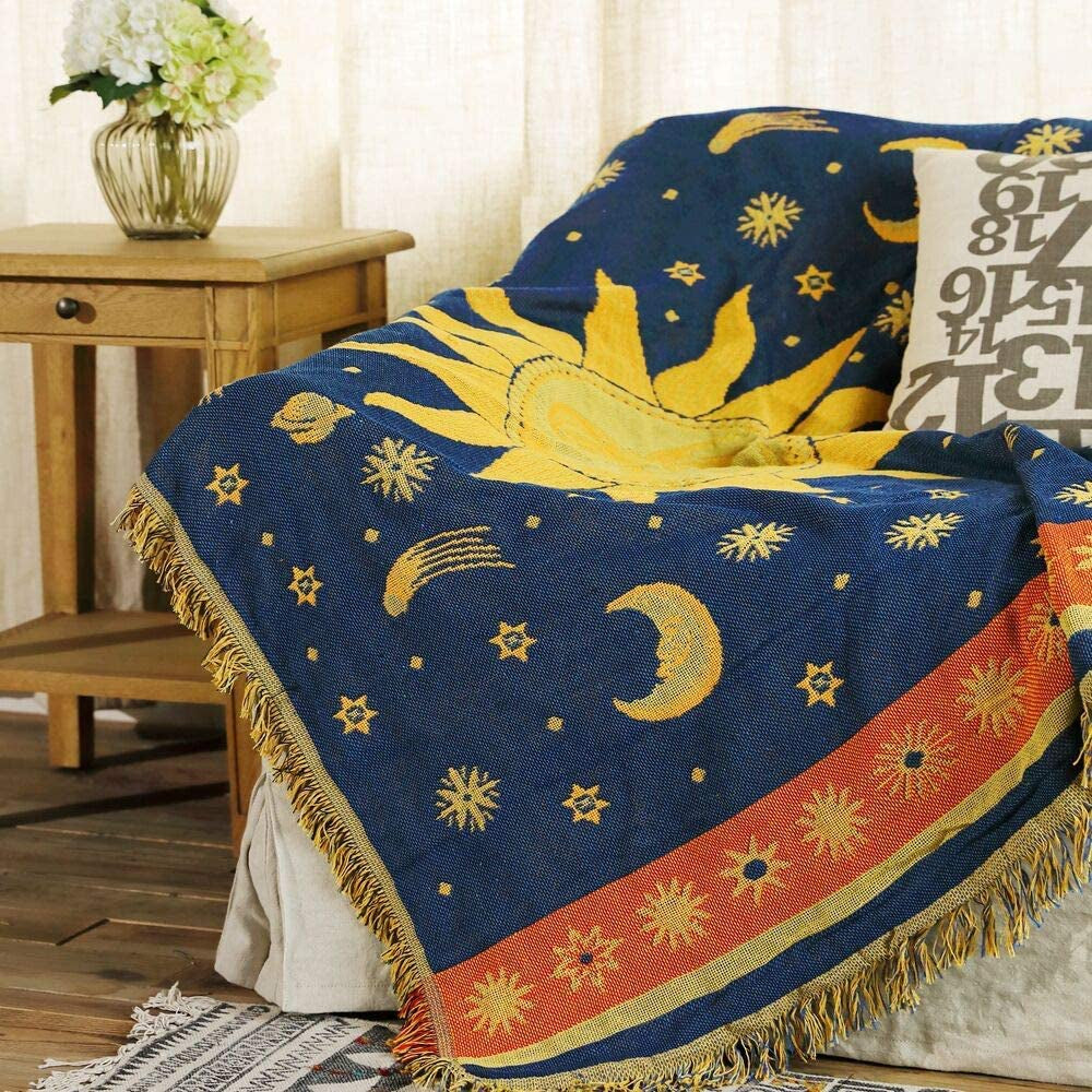 Decorative 100% Cotton Woven Throw Blanket Sofa Towel Cotton Warm Slipcover 130 X 180Cm (Sun Moon Stars)