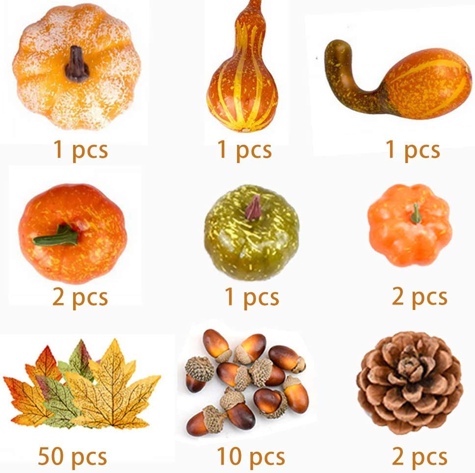 70Pcs Thanksgiving Decoration Set, Artificial Maple Leaves, Harvest Pumpkin, Small Acorns, Pine Cones and Gourds for Autumn, Fall and Halloween Home Party Decoration