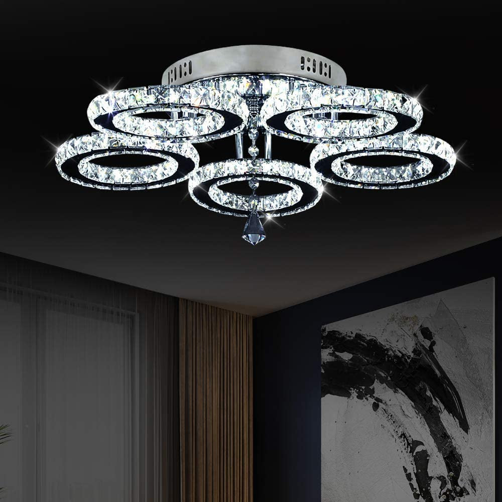 Modern Crystal Chandelier, Led Ceiling Light Flush Mount Stainless Steel Pendant Lights Fixtures for Dining Room Living Room (5 Rings Cool White)