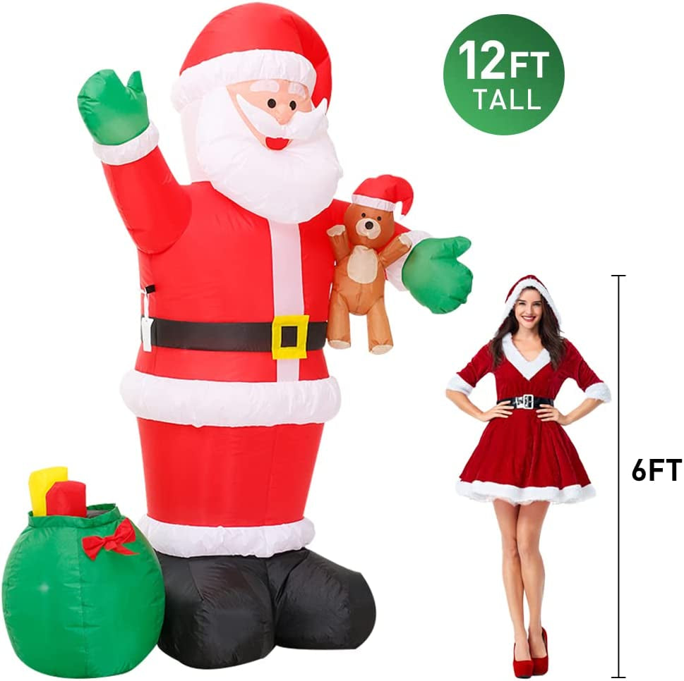 12FT Huge Christmas Inflatable Decoration Santa Claus Carry Gift Bag and Bear, LED Lights Blow up Yard Decoration,For Holiday Xmas Party ,Indoor,Outdoor,Garden,Yard Lawn Winter Decor