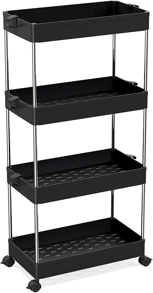 Storage Trolley 4-Tier Slide Out Storage Cart Rolling Utility Cart Storage Shelf Rack Mobile Storage Organizer Shelving for Office, Kitchen, Bedroom, Bathroom, Laundry & Dressers, Black