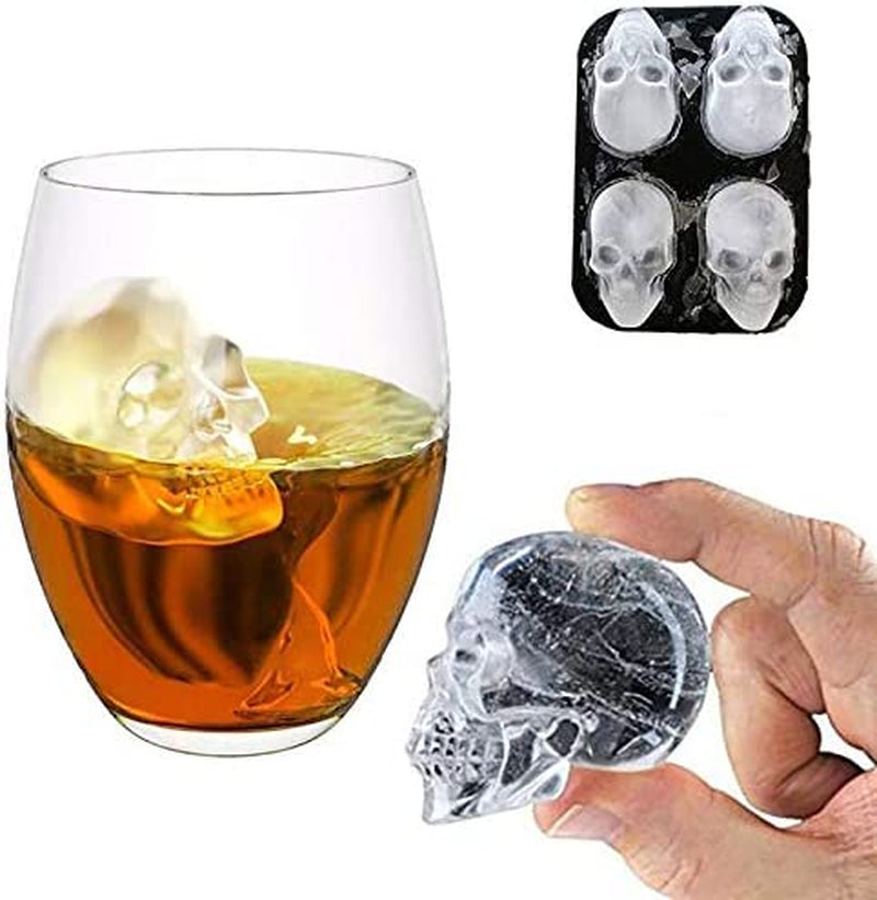 3D Skull Ice Cube Moulds, Silicone Ice Cube Tray Maker,Makes 4.6 X 4Cm Ice Skulls for Gin Glasses, Whiskey, Scotch, Cocktail and Liqueur Glasses-Black (1 * 4 Skull Cubes)