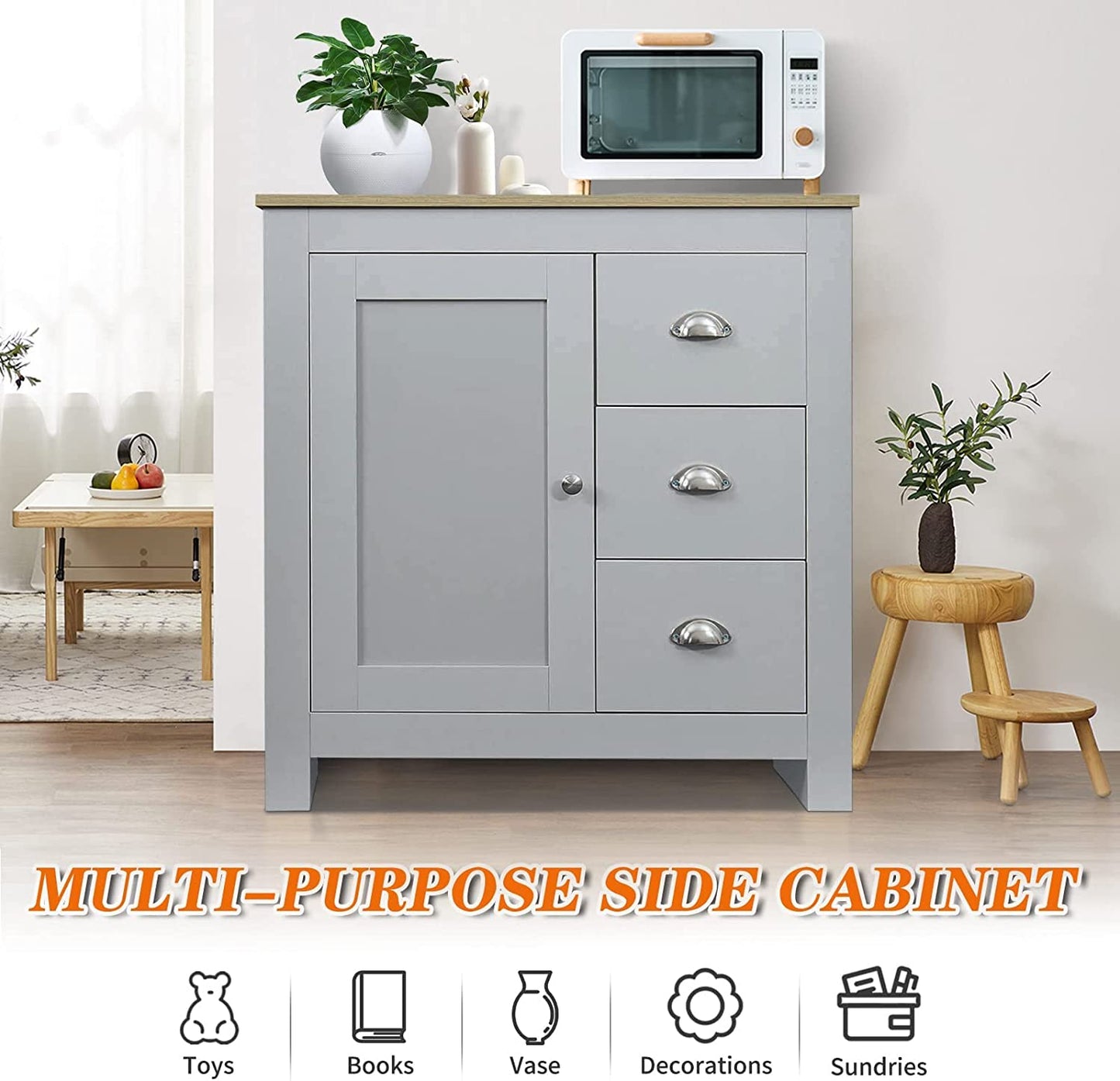Sideboard Buffet Table for Hallway Sideboard with 3 Drawers 1 Door Storage Cabinet for Living Room Hallway Kitchen Narrow Sideboard, 79X35X81Cm(Light Grey)