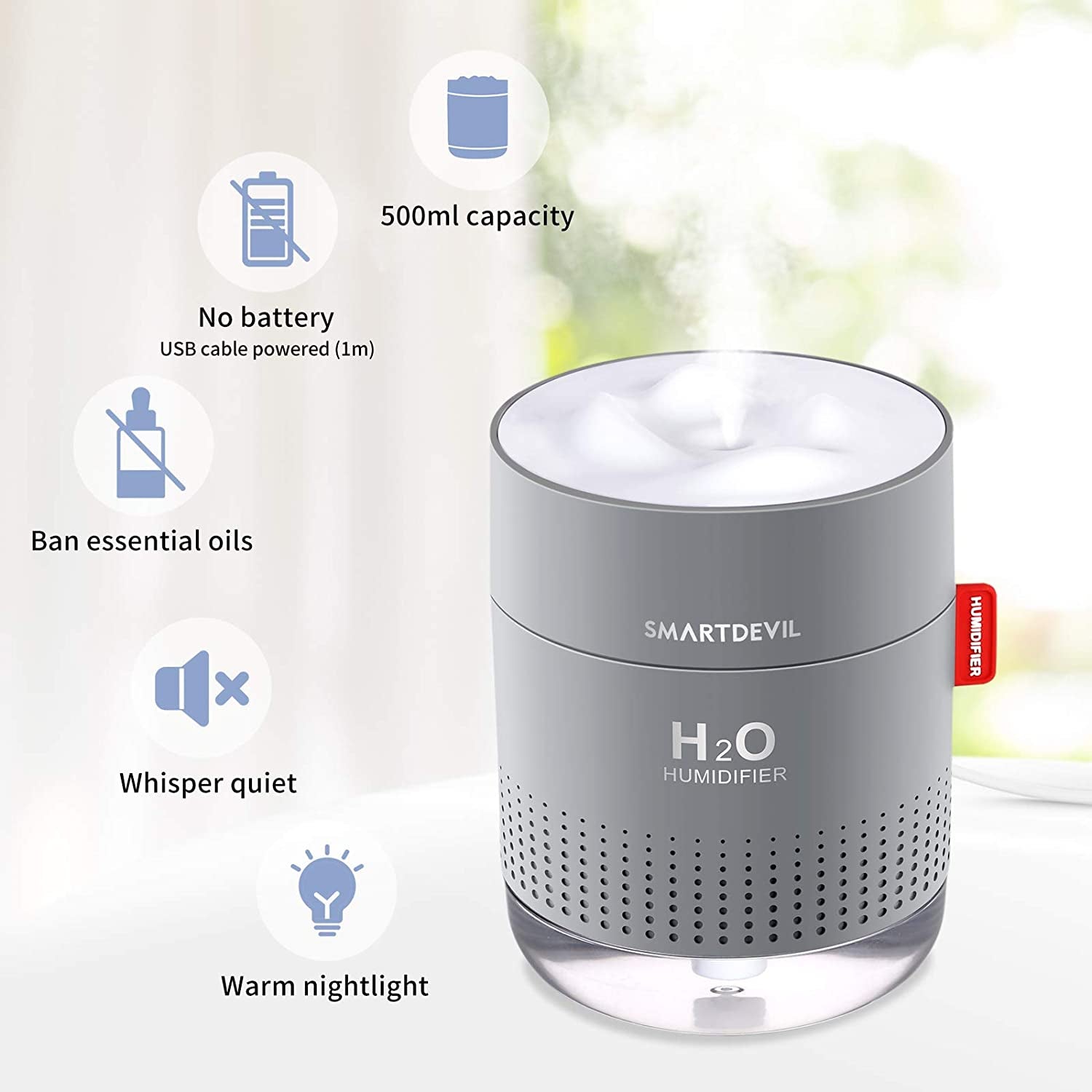 Humidifiers 500Ml Cool Mist Humidifier Air Humidifier Whisper Quiet USB Humidifier with Night Light, Waterless Auto Shut-Off, for Home Baby Bedroom, Yoga, Office, Travel