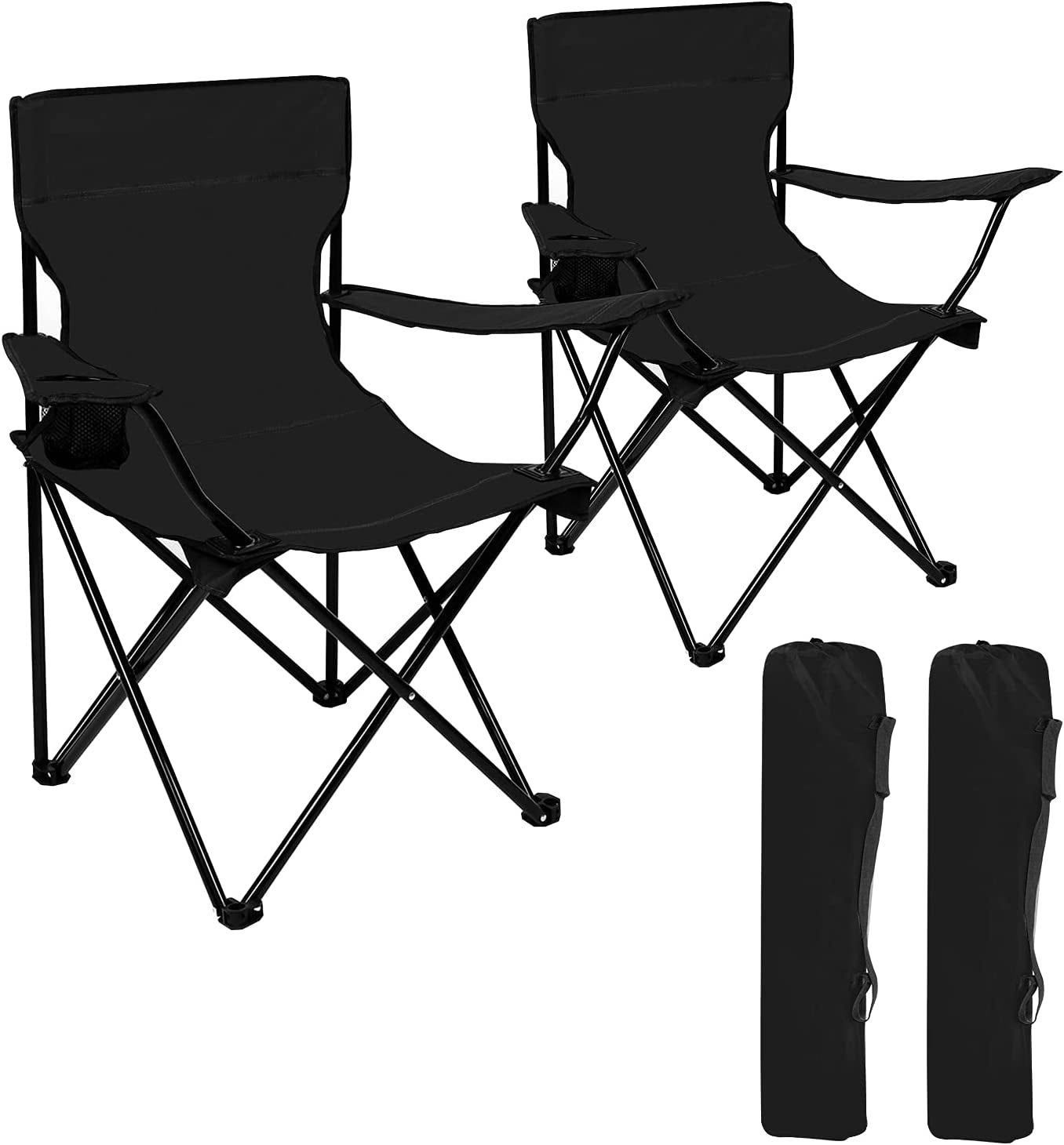 2Packs Lawn Chairs Portable Chair with Strap Bag Beach Chairs Folding Lightweight Sturdy Camping Chairs Beach Chairs with Beverage Holder Black