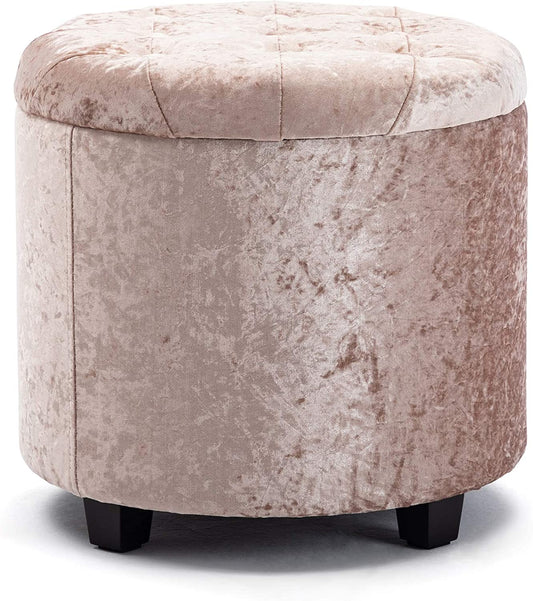 45Cm round Crushed Velvet Padded Seat Ottoman Storage Stool Box, Footstool Pouffes Chair with Lids (Silver Pink, Crushed Velvet)