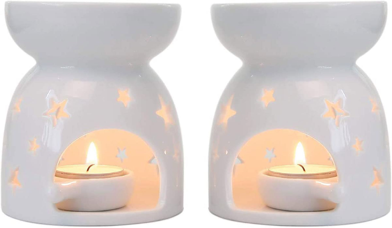 Ceramic Oil Burners Wax Melt Holders Set of 2 - Star Pattern, Lovely Aromatherapy Essential Oil Burner Aroma Lamp Diffuser Candle Tealight Holder Home Bedroom Decor Christmas Housewarming Gift