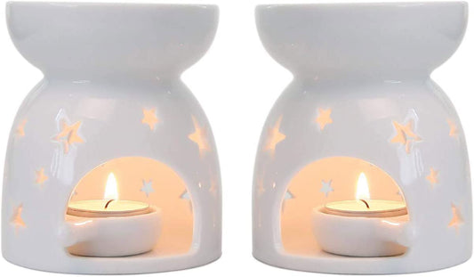 Ceramic Oil Burners Wax Melt Holders Set of 2 - Star Pattern, Lovely Aromatherapy Essential Oil Burner Aroma Lamp Diffuser Candle Tealight Holder Home Bedroom Decor Christmas Housewarming Gift